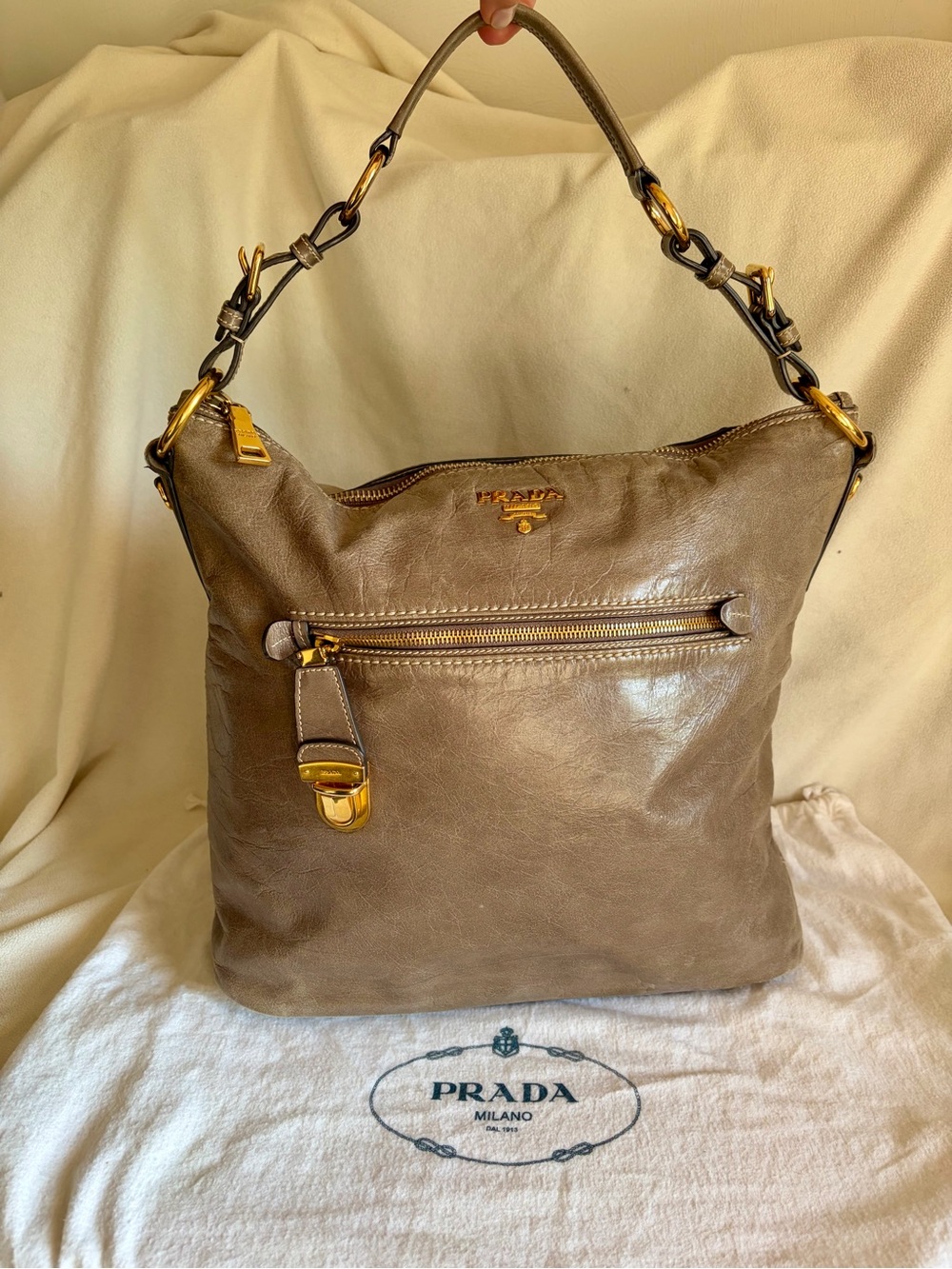 Prada Taupe Leather Shoulder Hobo with Gold Hardware